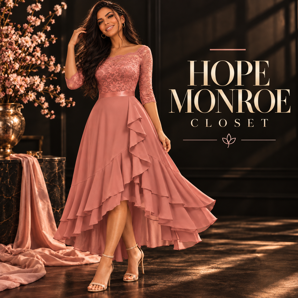 Hope Monroe Closet cinnamon pink lace ruffle dress collection