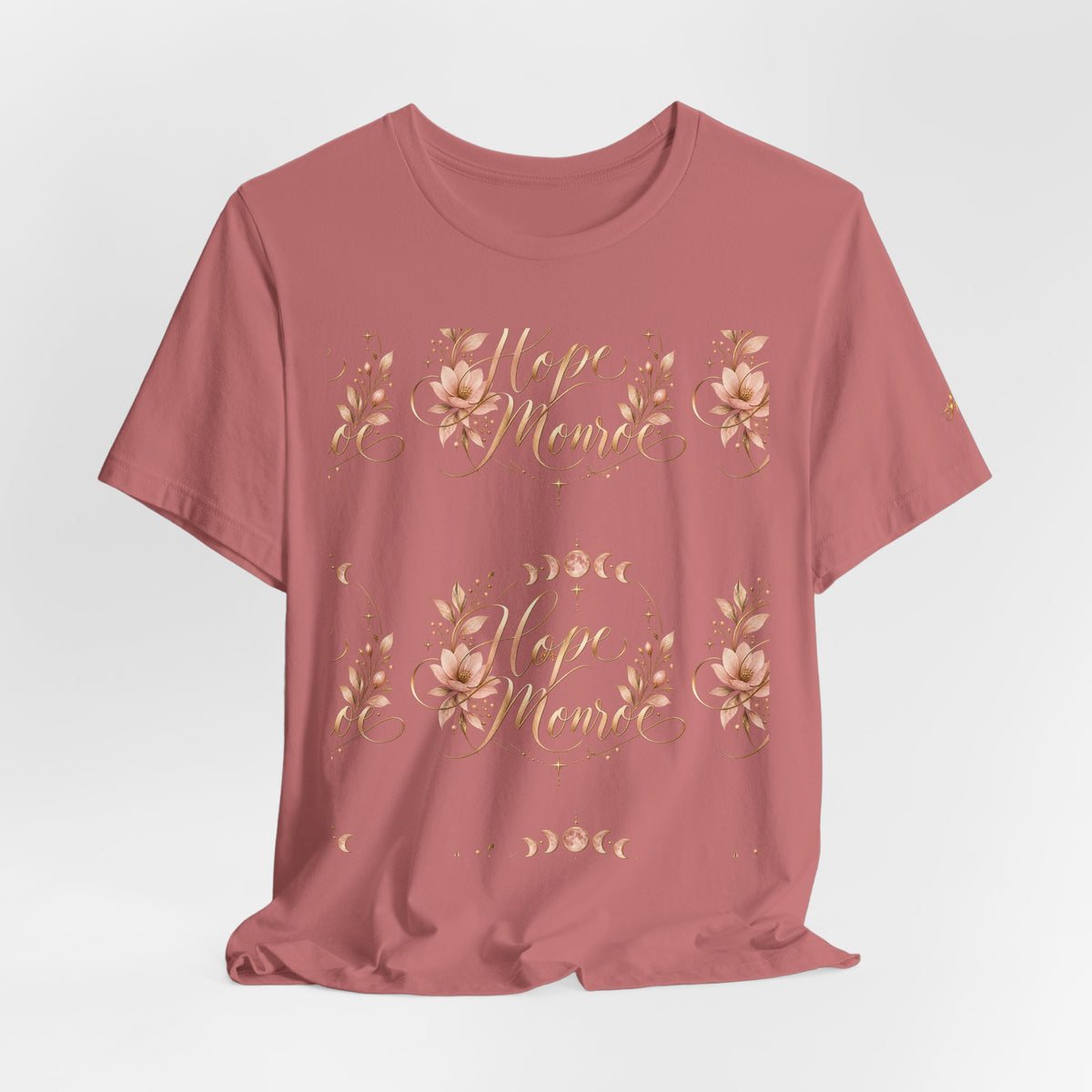 Stay Home Floral T-Shirt — Cozy Pink Tee with Script & Moon Phase Design