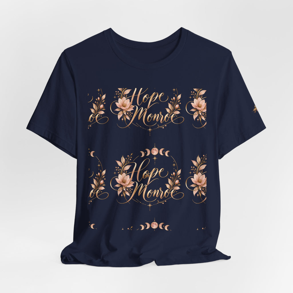 Stay Home Floral T-Shirt — Cozy Pink Tee with Script & Moon Phase Design