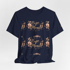Stay Home Floral T-Shirt — Cozy Pink Tee with Script & Moon Phase Design