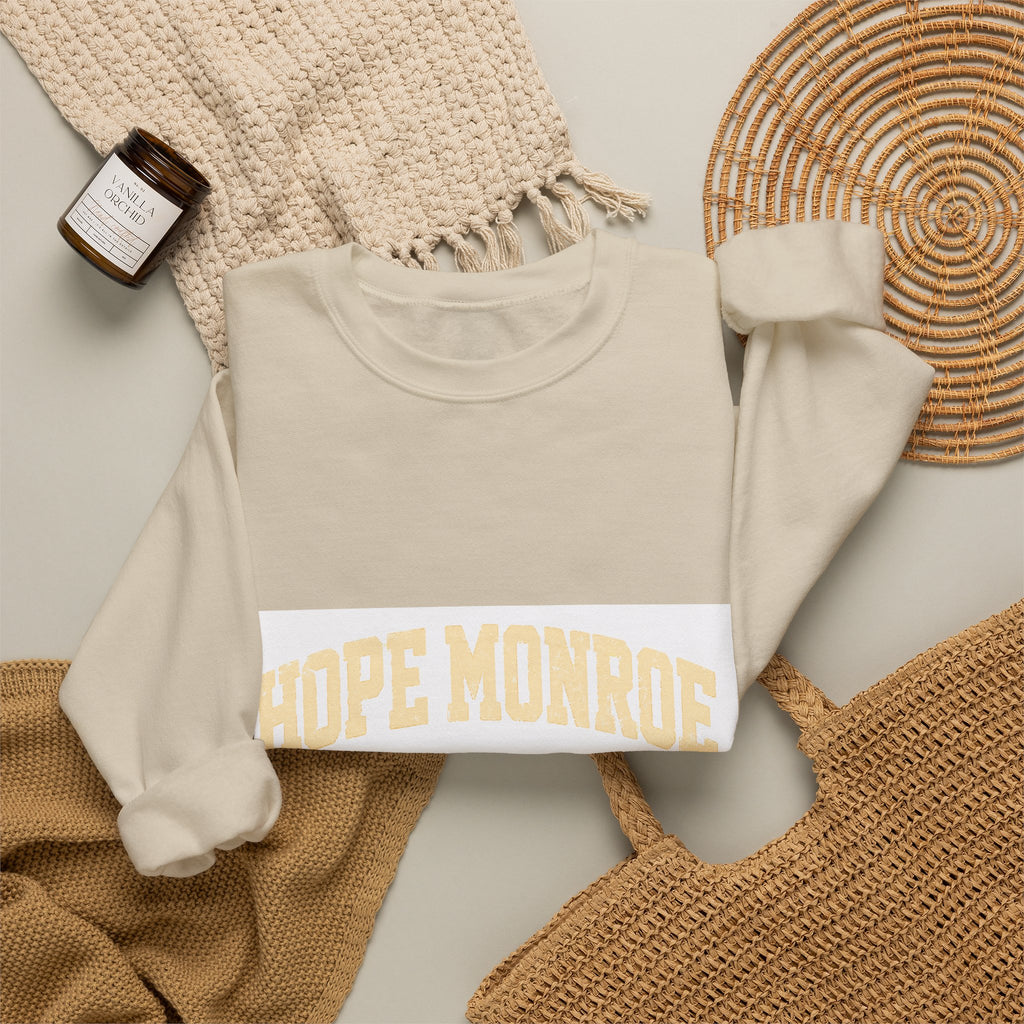 Hope Monroe Crewneck Sweatshirt — Soft White Vintage College Logo