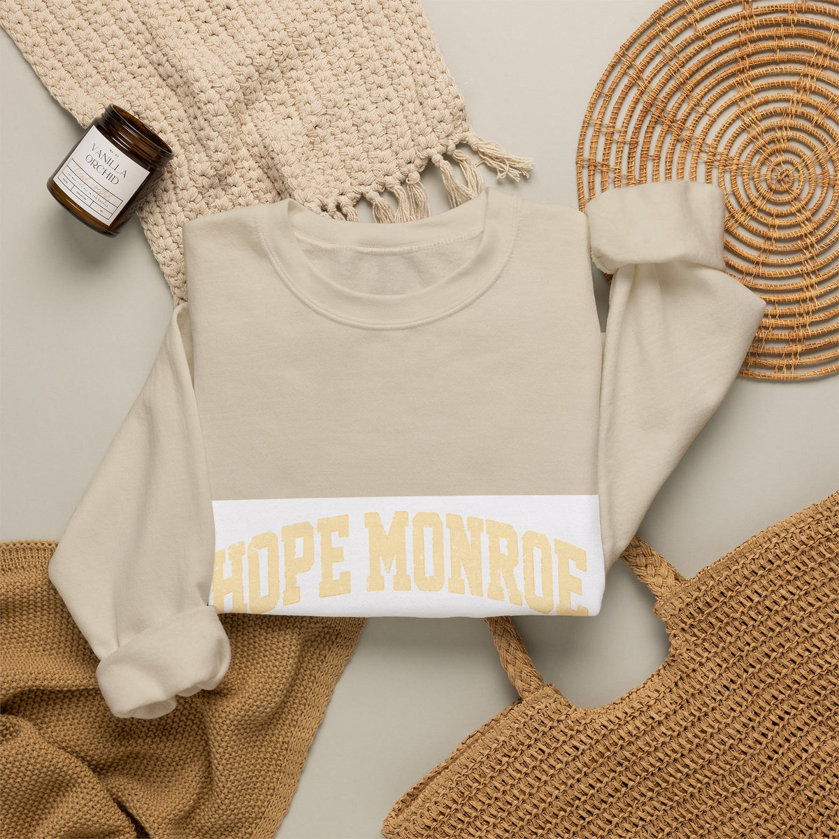 Hope Monroe Crewneck Sweatshirt — Soft White Vintage College Logo