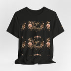 Stay Home Floral T-Shirt — Cozy Pink Tee with Script & Moon Phase Design