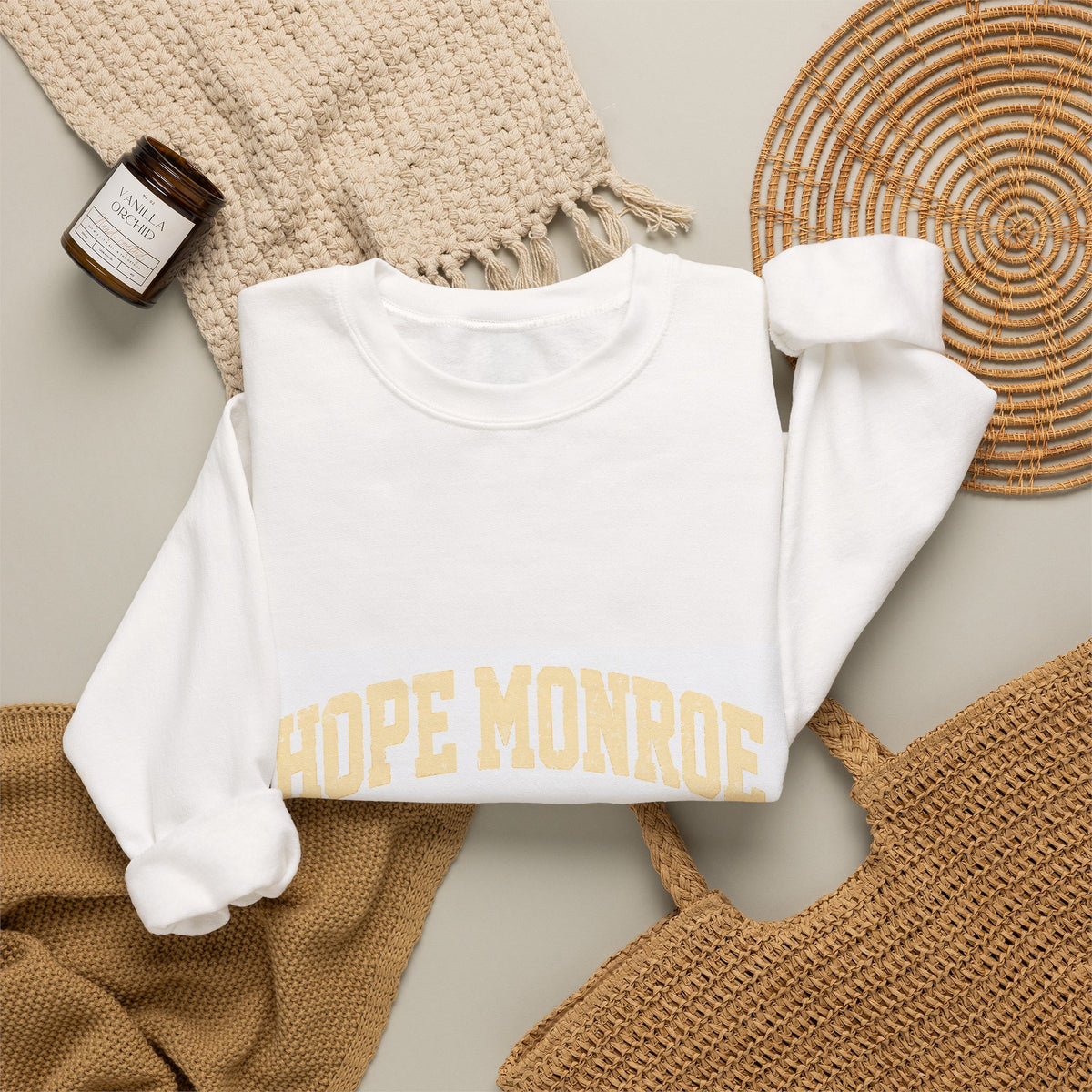 Hope Monroe Crewneck Sweatshirt — Soft White Vintage College Logo