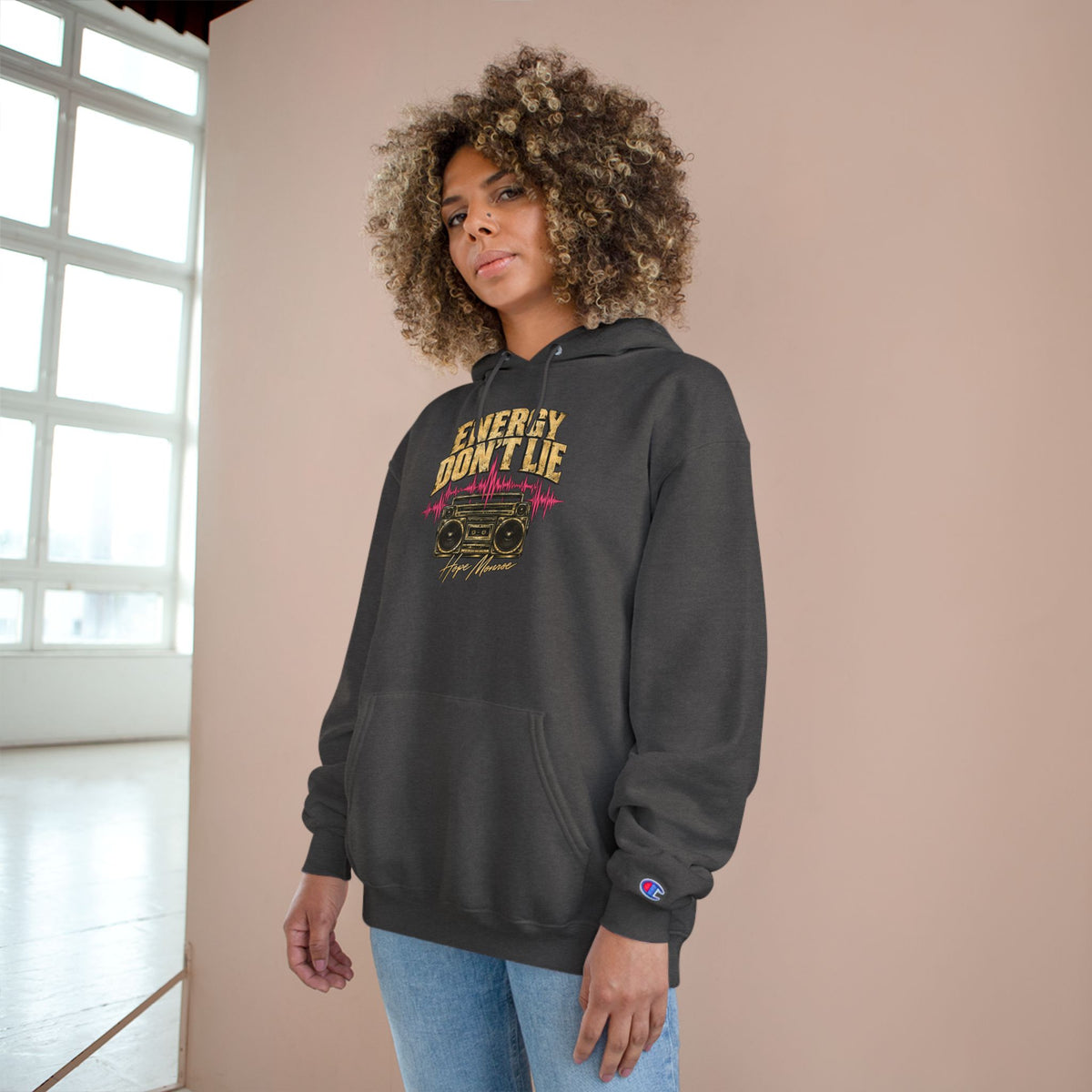 Energy Don't Lie Champion Hoodie — Retro Boombox Streetwear