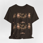 Stay Home Floral T-Shirt — Cozy Pink Tee with Script & Moon Phase Design