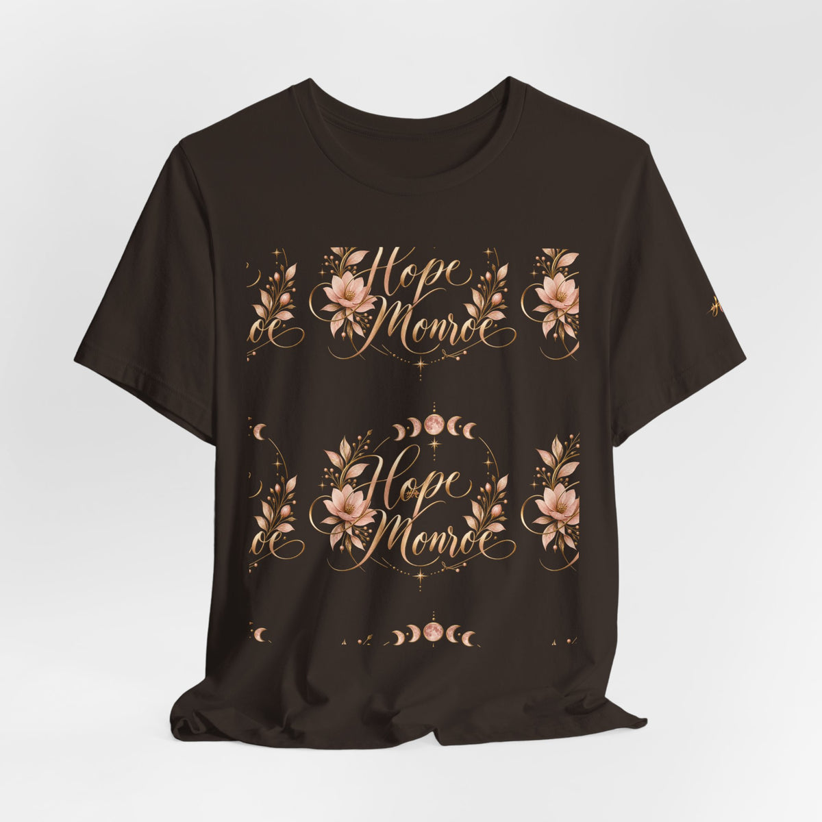 Stay Home Floral T-Shirt — Cozy Pink Tee with Script & Moon Phase Design