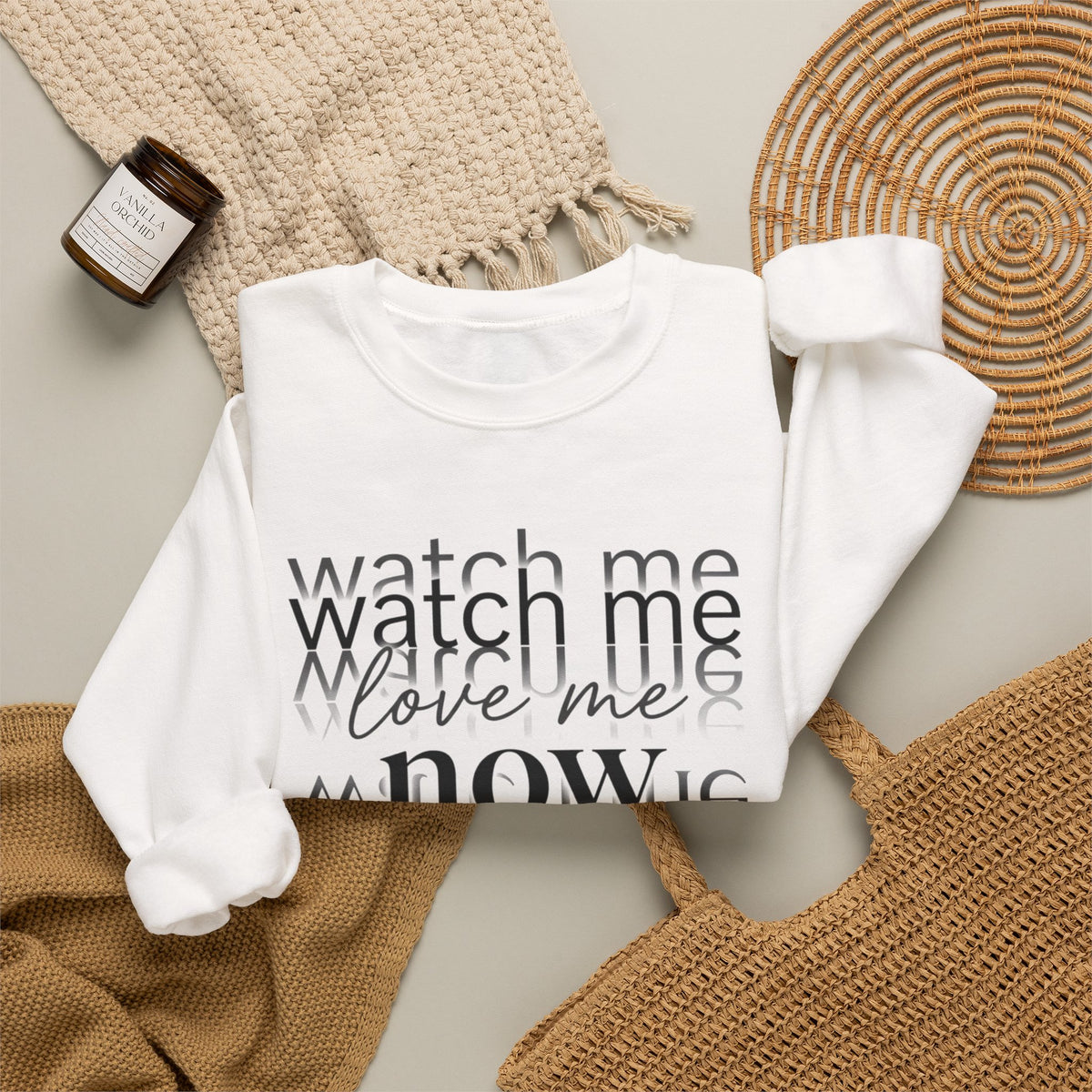 Crewneck Sweatshirt – "Watch Me Now" Layered Text Graphic
