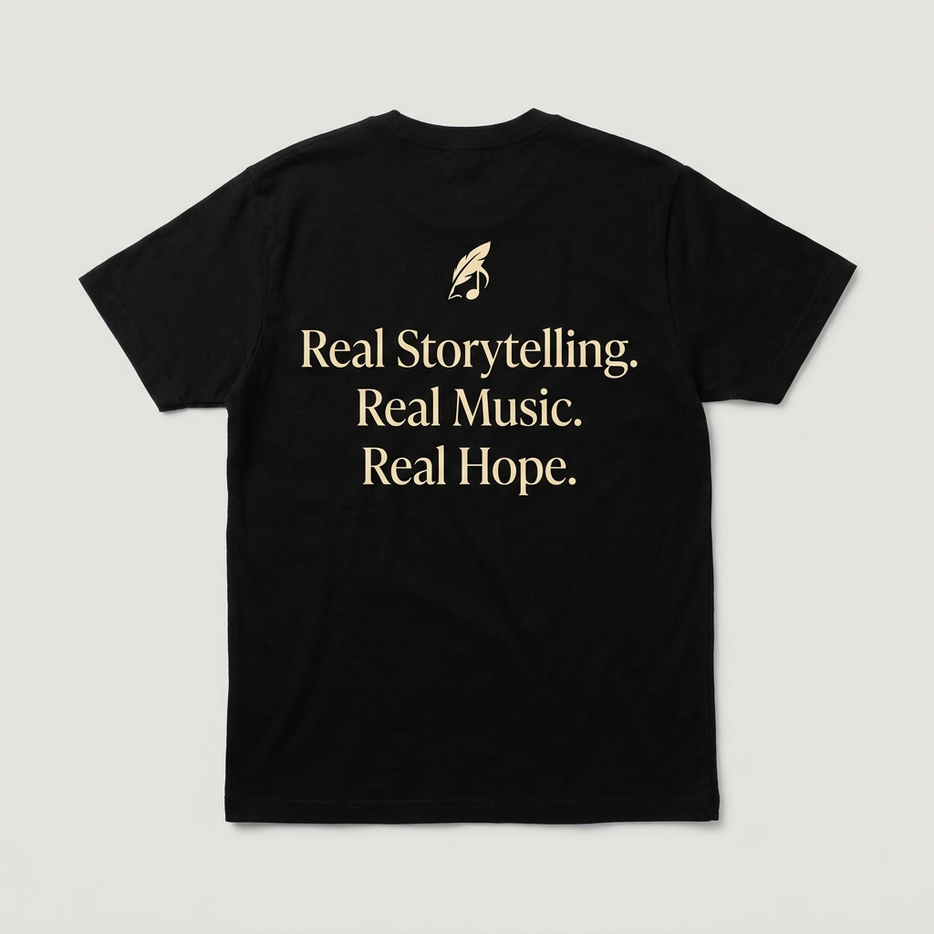 Real Storytelling Real Music Real Hope brand line back print tee - Hope Monroe merch