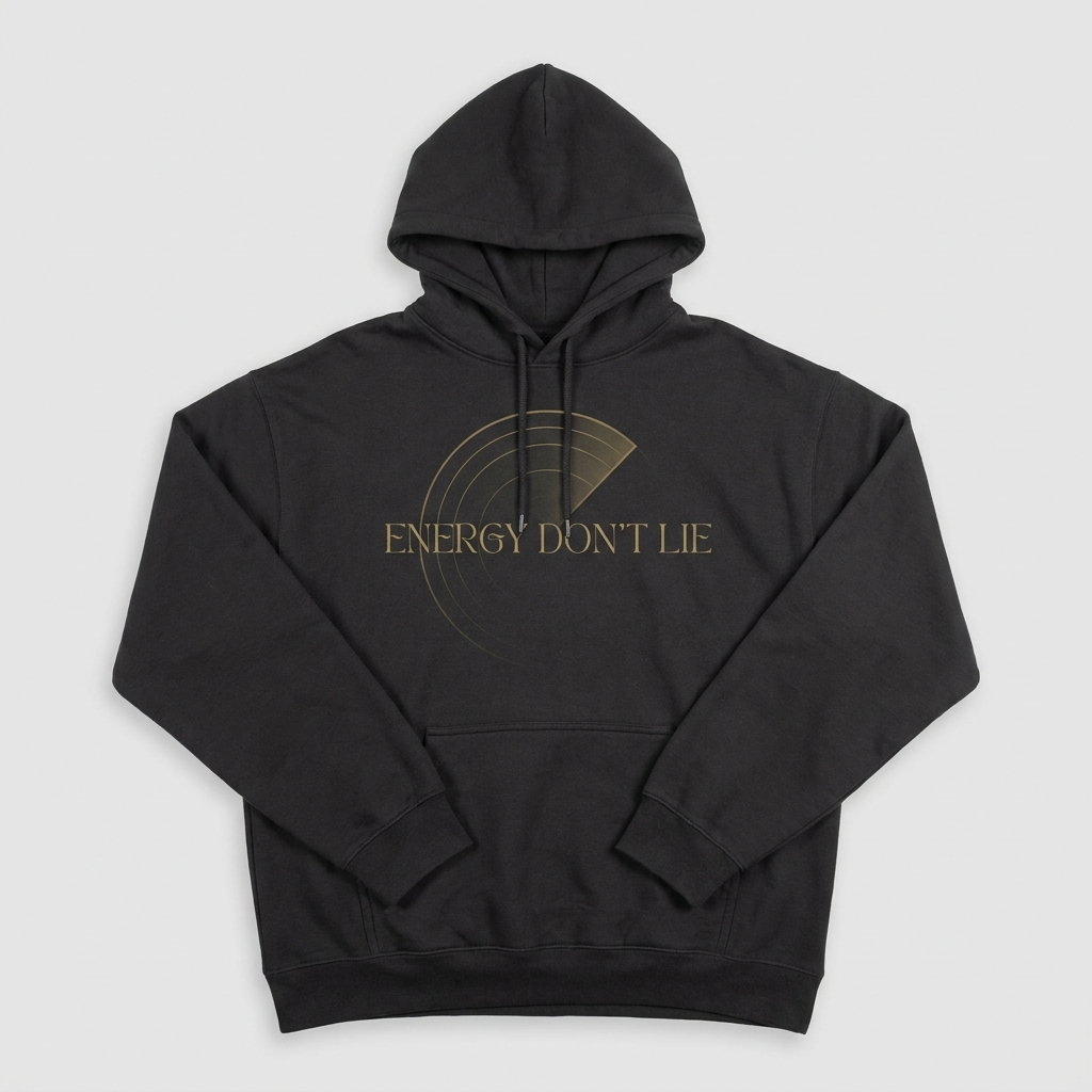 Energy Don't Lie oversized hoodie - Antique Gold frequency sweep design on Void Black - Hope Monroe lyric merch