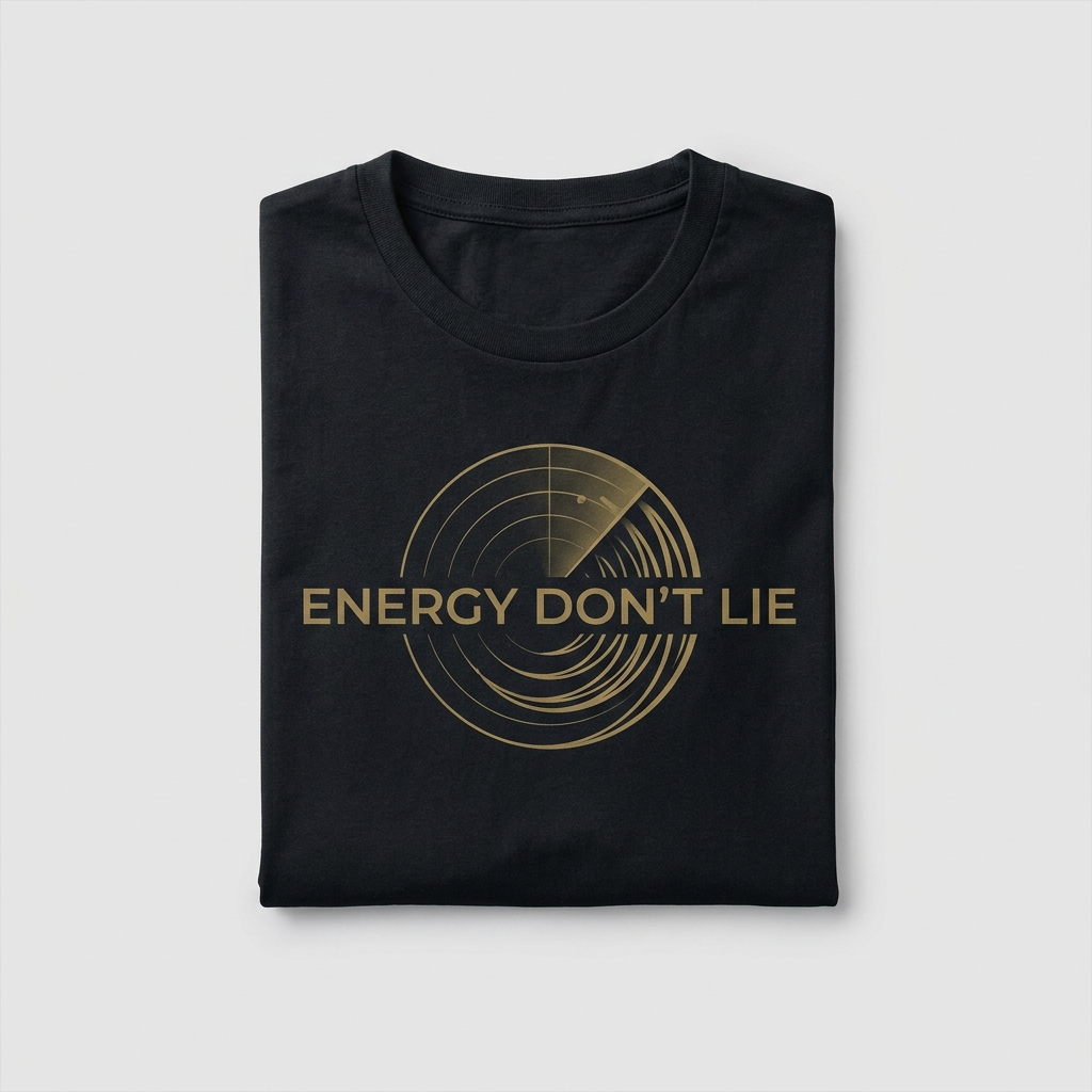 Energy Don't Lie graphic tee - Antique Gold frequency sweep design on Void Black - Hope Monroe lyric merch