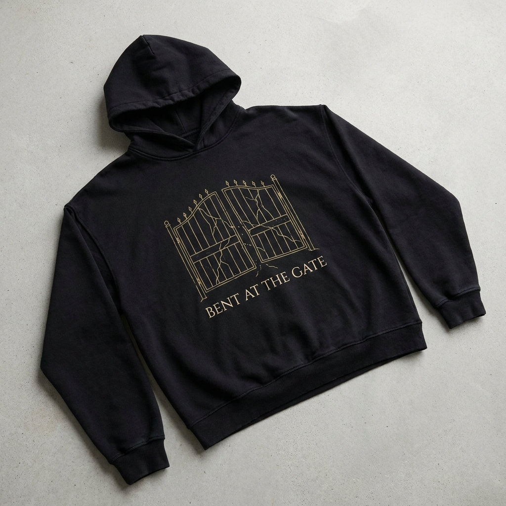 Bent at the Gate oversized hoodie - cracked iron gate line art in Antique Gold on Void Black