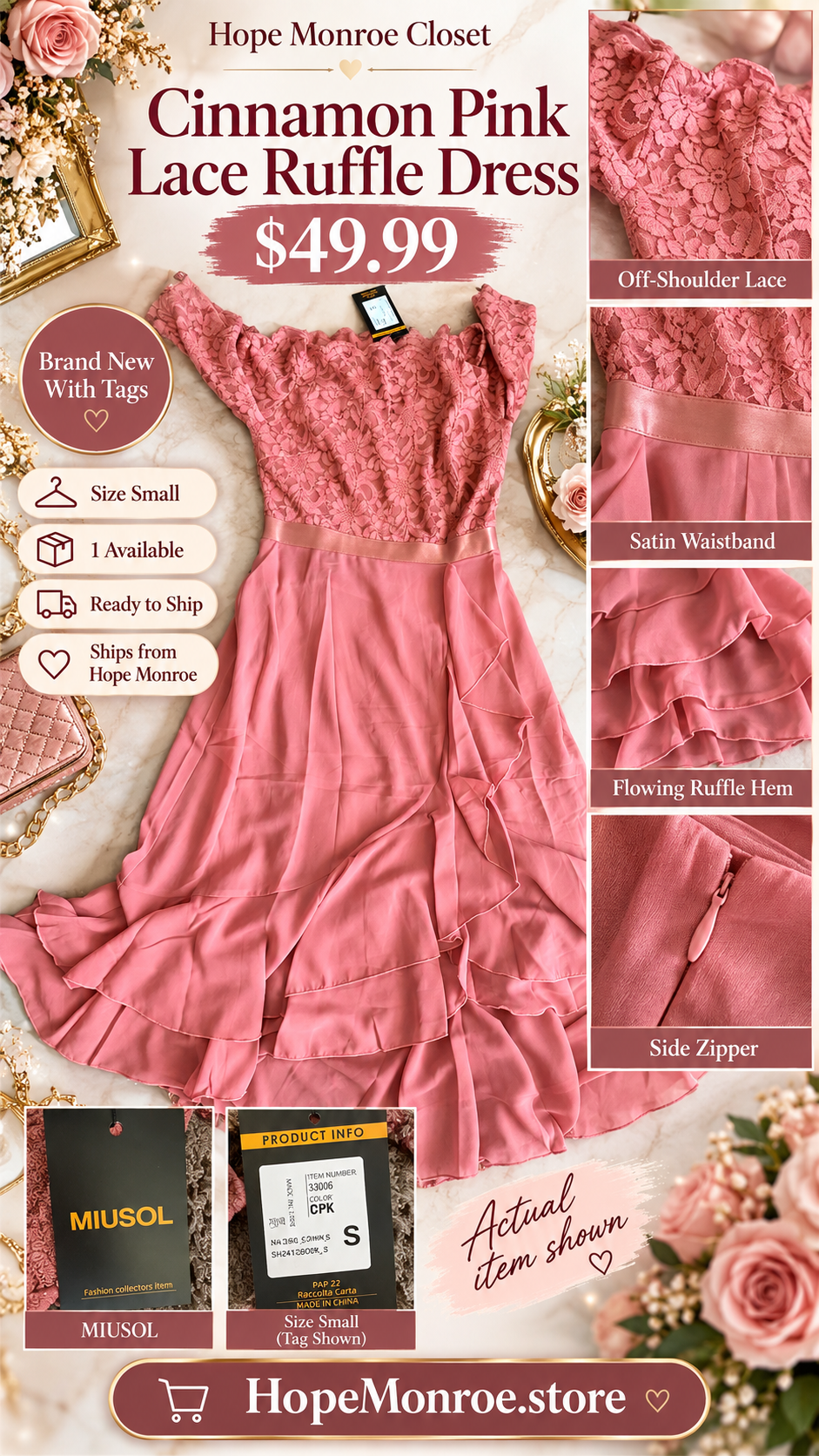 Hope Monroe Closet cinnamon pink MIUSOL lace ruffle dress size small, brand new with tags, one available