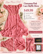 Cinnamon pink MIUSOL lace ruffle dress details including lace bodice, ruffle hem, side zipper and size small tags