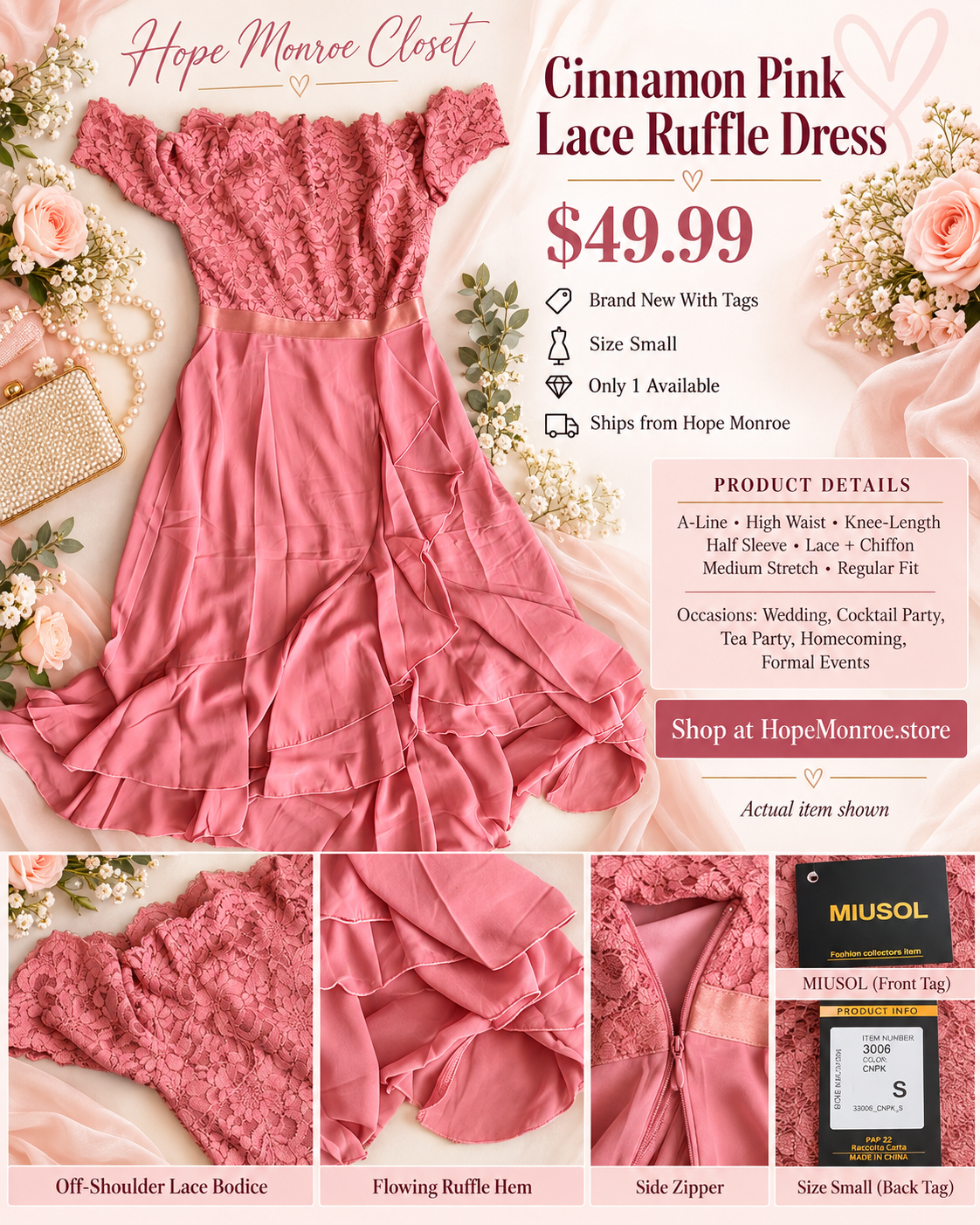 Cinnamon pink MIUSOL lace ruffle dress details including lace bodice, ruffle hem, side zipper and size small tags