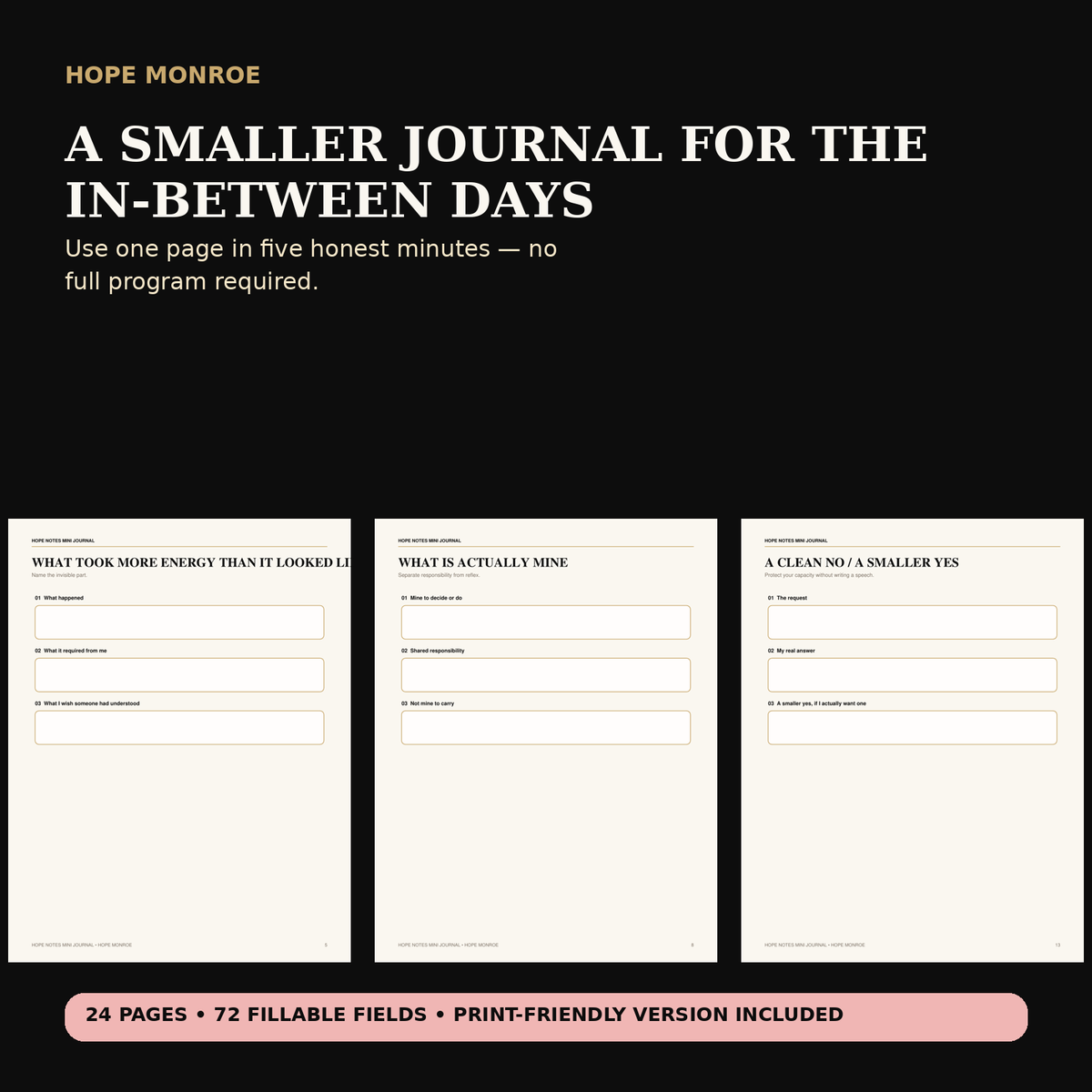 Inside Hope Notes Mini Journal with guided reflection pages and fillable fields