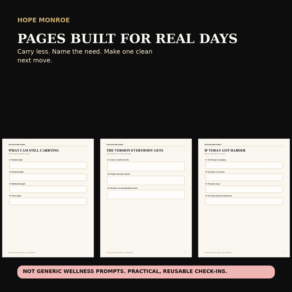 Practical Hope Notes Mini Journal pages for carrying less, naming needs, and choosing a next move