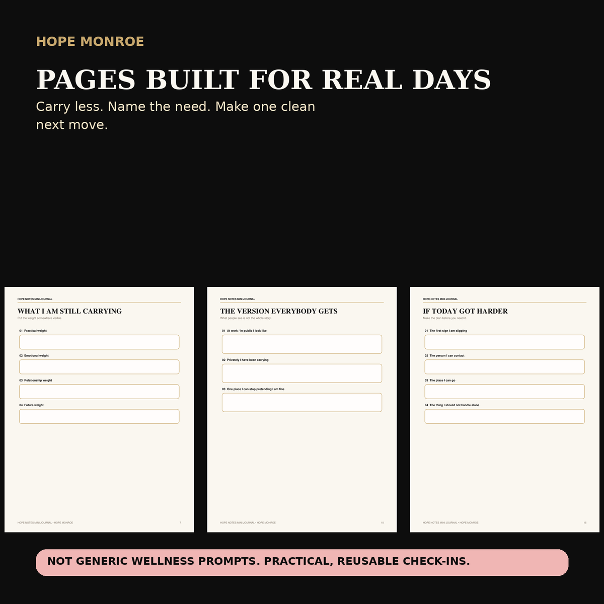 Practical Hope Notes Mini Journal pages for carrying less, naming needs, and choosing a next move