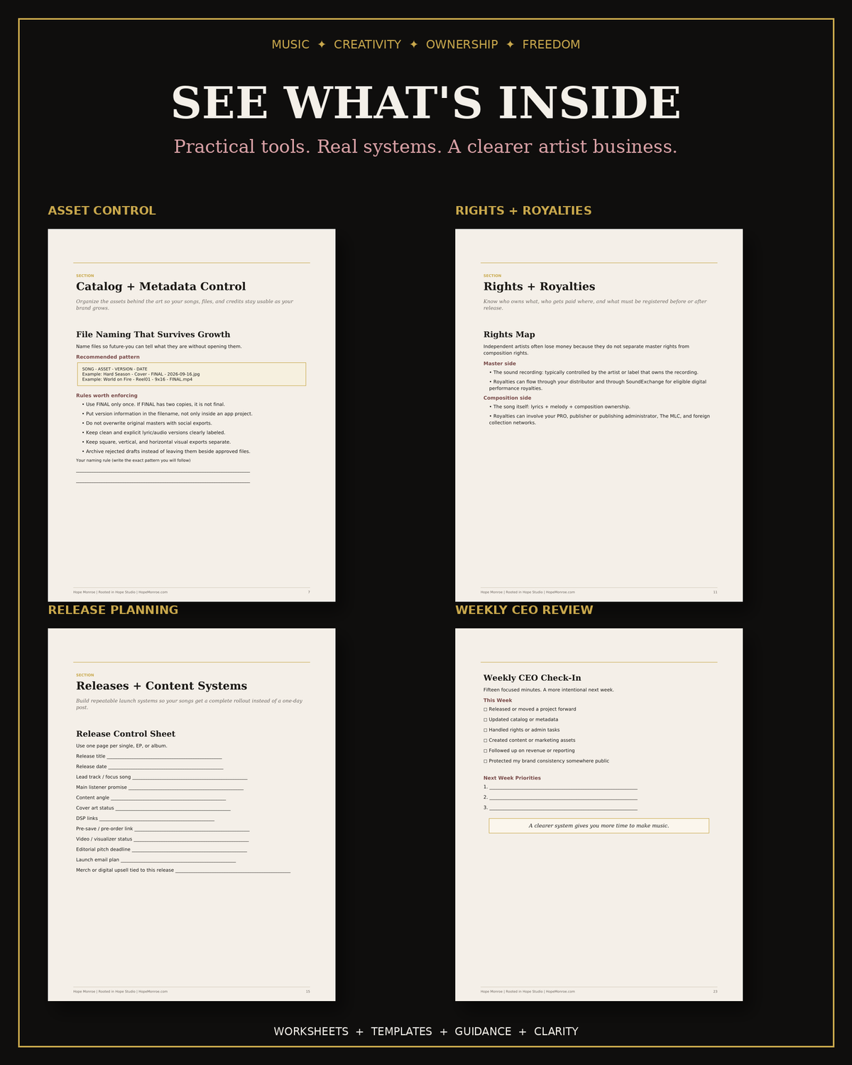 Inside The Indie Artist Blueprint workbook with asset control, rights, release planning, and weekly review pages