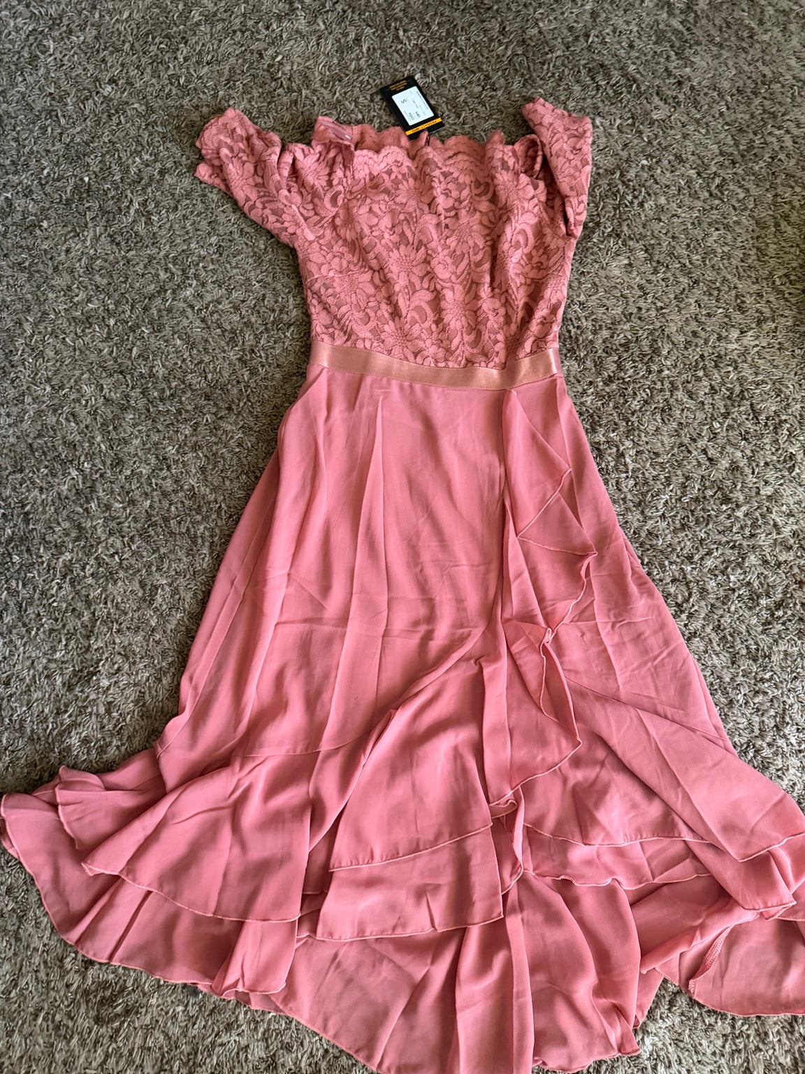 Actual MIUSOL cinnamon pink lace ruffle dress laid flat, new with tags, size small